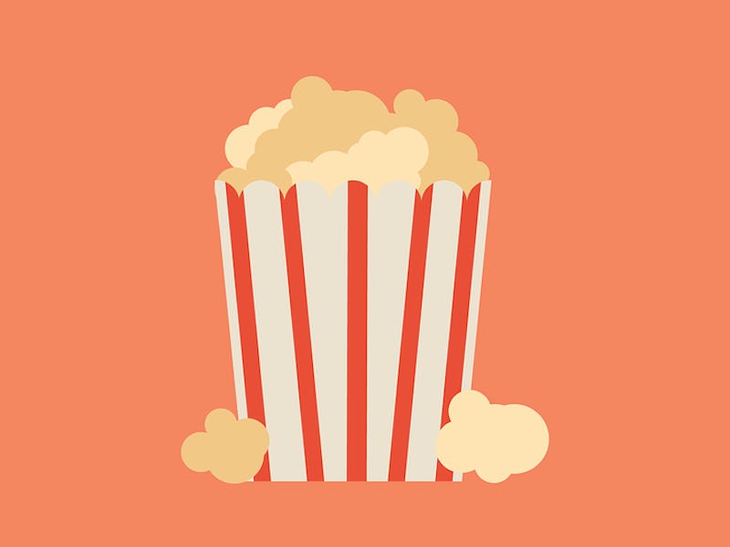 An illustration of a white-red striped popcorn box with popcorn inside of it 