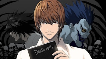 Light Yagami with his Death Note, flanked by his nemesis L and the Shinigami Ryuk.