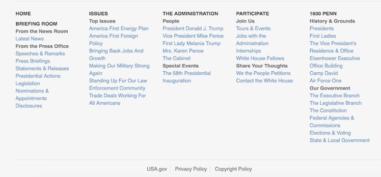 The sitemap for the Trump White House on Friday.
