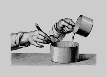 A depiction of a man making soup.