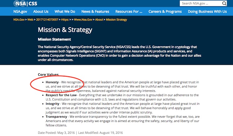 NSA, website, honesty