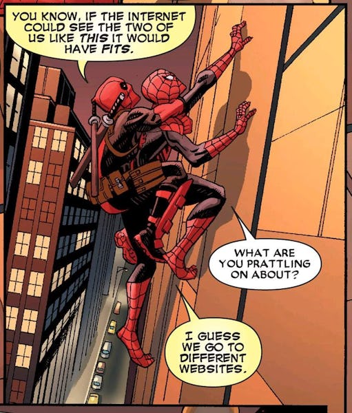 Spiderman climbing a building while deadpool hangs onto him