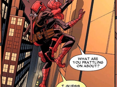 Spiderman climbing a building while deadpool hangs onto him