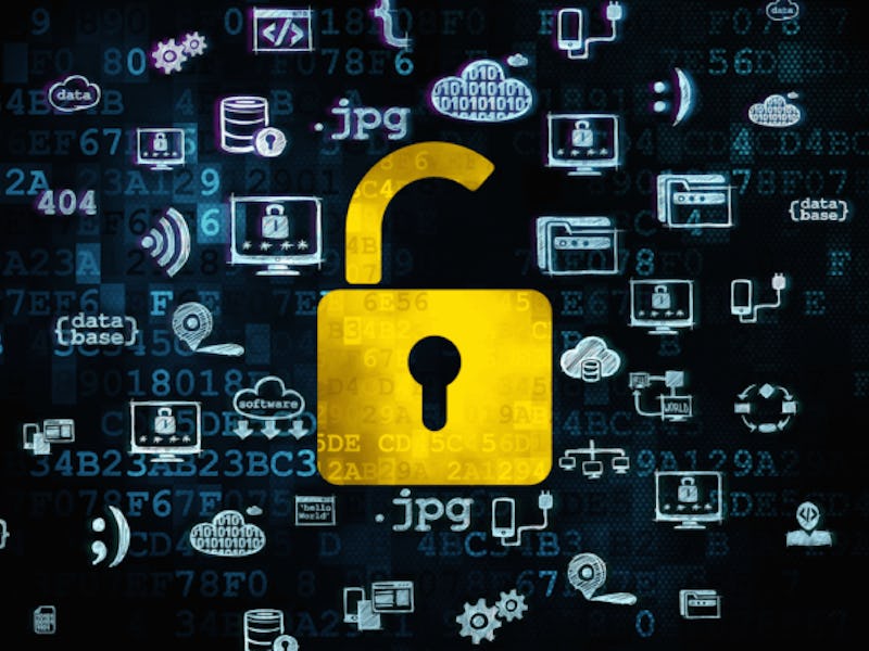 An abstract collage with a yellow key lock and various computer program icons symbolizing total onli...