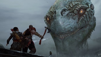 Kratos and Atreus encounter a fearsome-looking monster in 'God of War'.