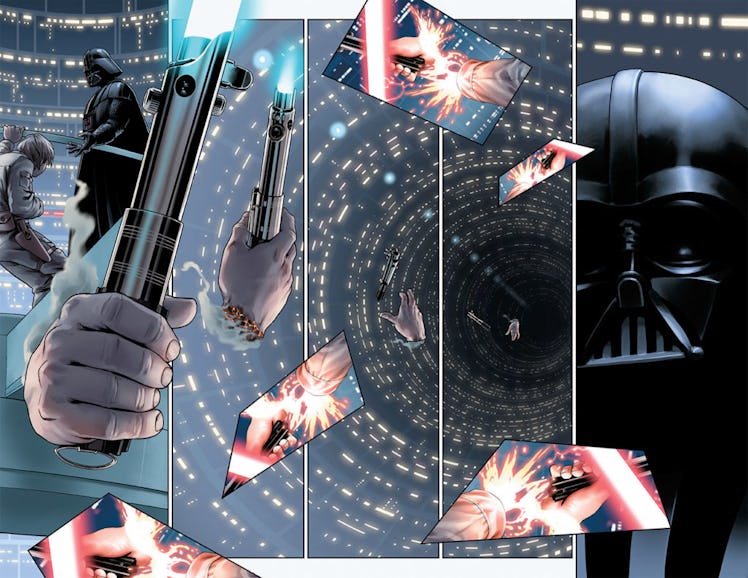 Vader watches as his old lightsaber falls to its doom.