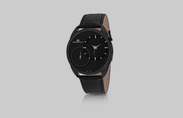 The Oceanaut Sentinel watch in black with a black leather strap