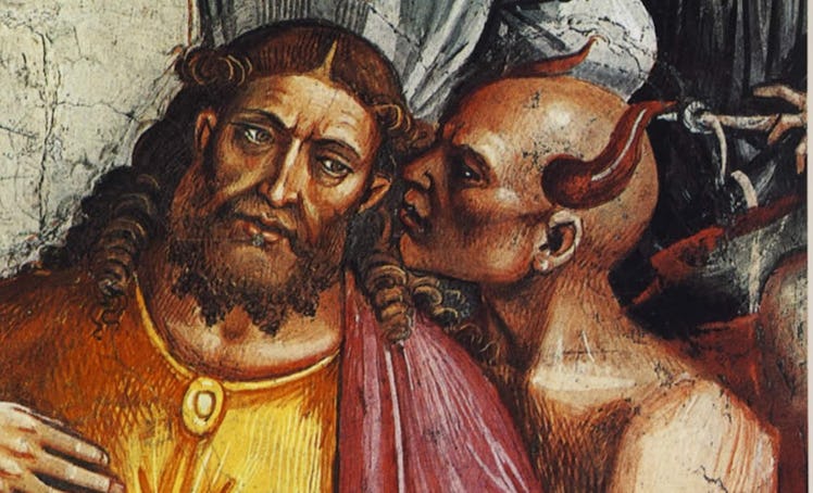 Painting of a demon speaking into the ear of the Antichrist 