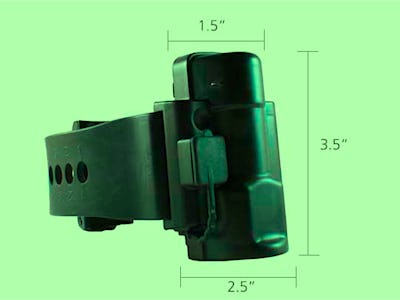 An ankle monitor in front of a green background with the size specifications
