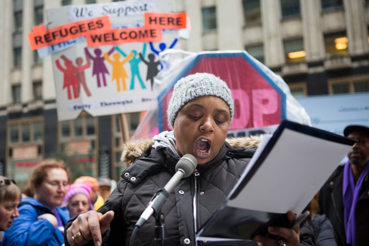 Myra Young speaks about living in poverty this week during a protest in Philadelphia of President Tr...