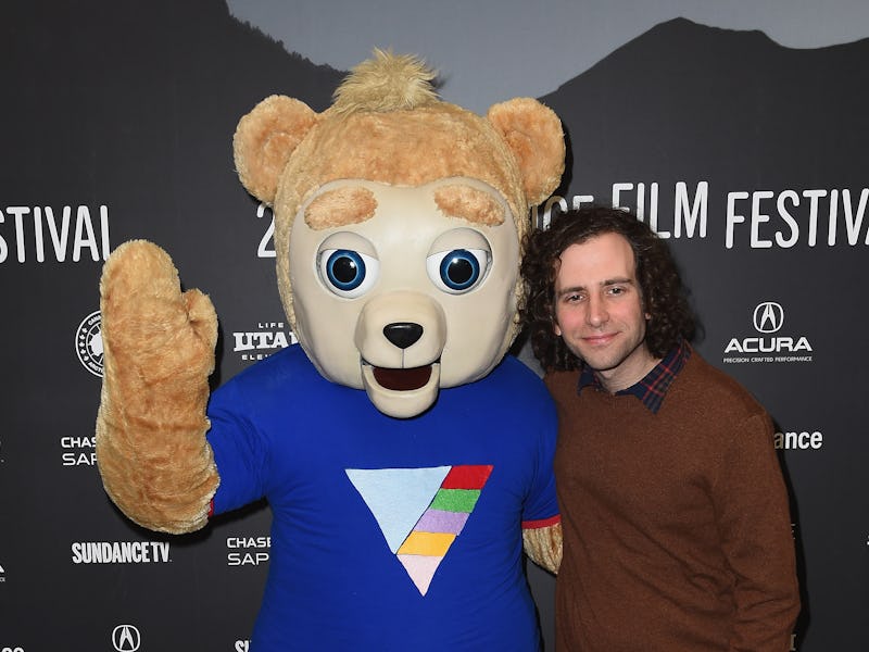 Kyle Mooney next to a person wearing a Brigsby Bear costume
