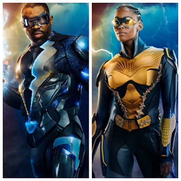 Left: Cress Williams as the superhero Black Lightning. Right: Nafessa Williams, suited up as Thunder...