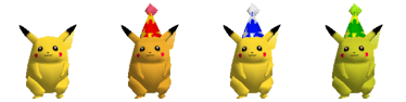 Alternate skins for Pikachu in the original 'Super Smash Bros.' featured party hats.