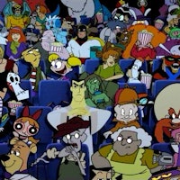 Cartoon network characters sitting together in a movie theater.