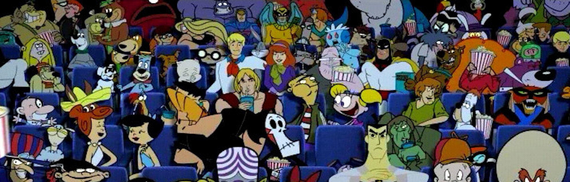 Cartoon network characters sitting together in a movie theater.