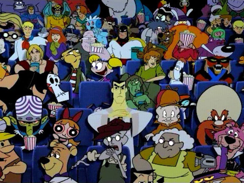 Cartoon network characters sitting together in a movie theater.