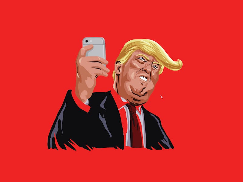 An illustration of Donald Trump taking a selfie with a red background