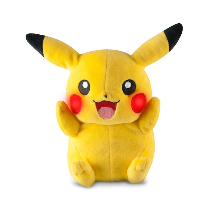 Yellow Pikachu stuffed toy on a white background
