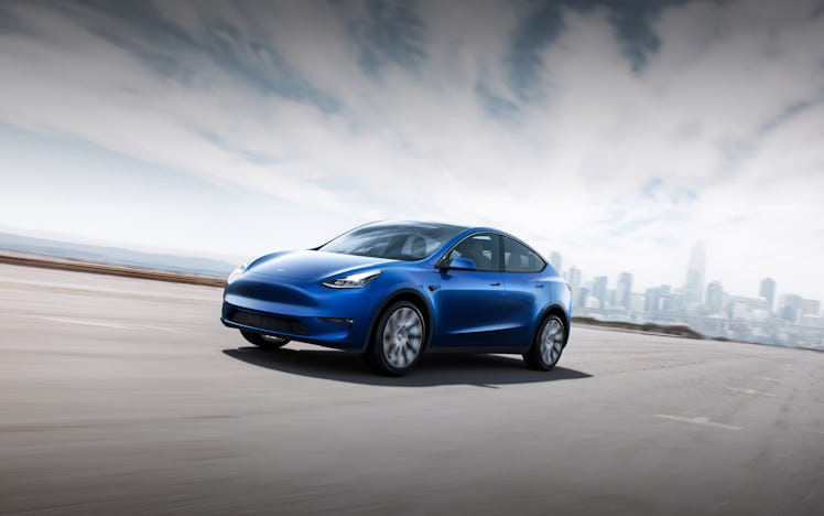 Tesla Model Y in blue.