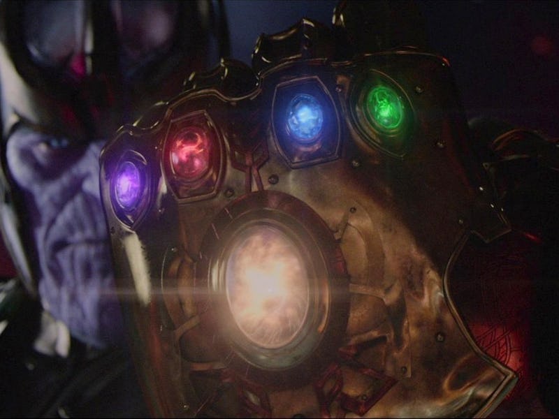 Thanos wearing the infinity gauntlet with all of the infinity stones in it