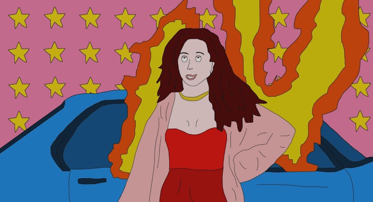An illustration for The Ex Collection with a woman standing in front of a burning car