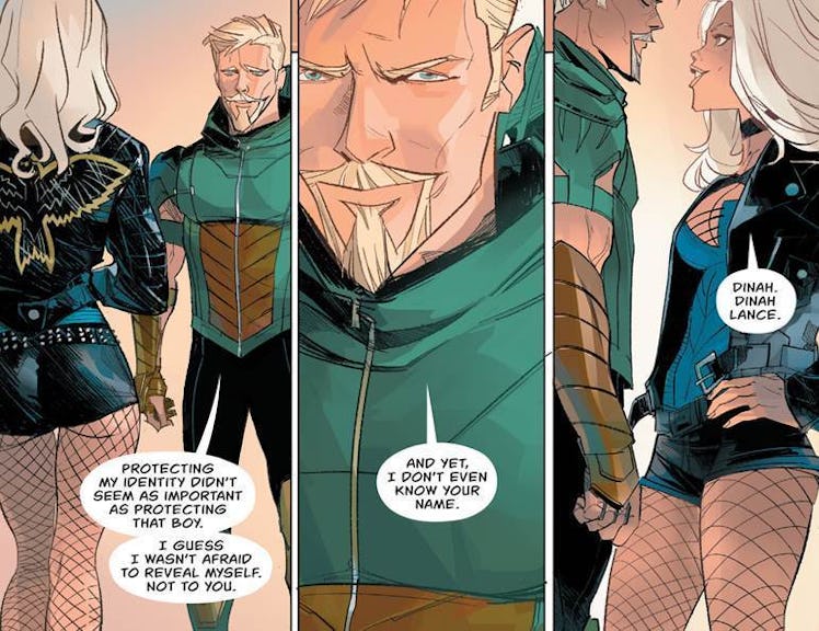 Scenes from Green Arrow Rebirth #1 with Green Arrow and Black Canary
