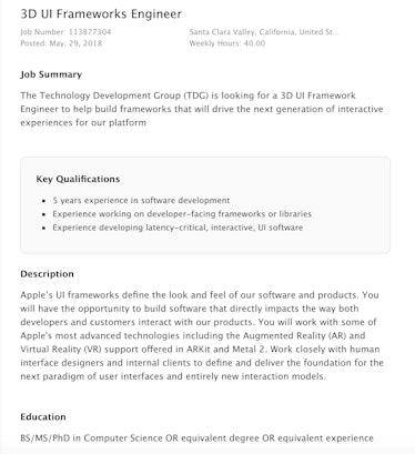apple job listing ar vr engineer