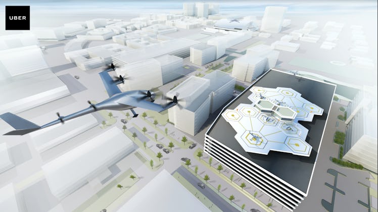 Concept art of an UberAir "vertiport" in the Dallas Fort Worth area. 