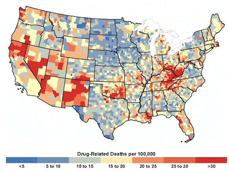 Map showing drug related deaths per 100,000 people