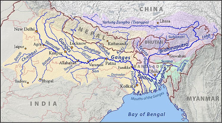 This is a map of the Ganges (yellow), Brahmaputra (violet), and Meghna (green) drainage basins. 