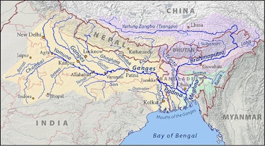This is a map of the Ganges (yellow), Brahmaputra (violet), and Meghna (green) drainage basins. 