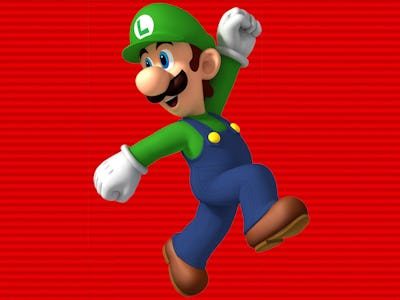 Luigi, the best character in Super Mario Run in front of a red background