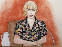 An illustration of Taylor Swift in a courtroom 
