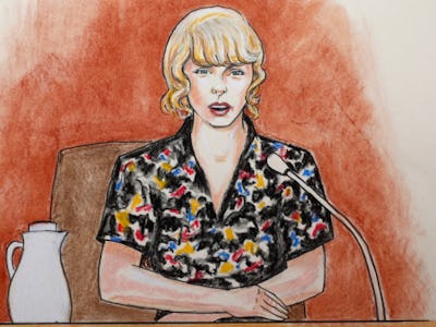 An illustration of Taylor Swift in a courtroom 