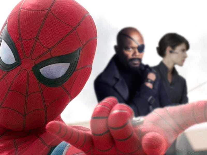 A closeup of Spiderman with Samuel L. Jackson and Cobie Smulders in the background