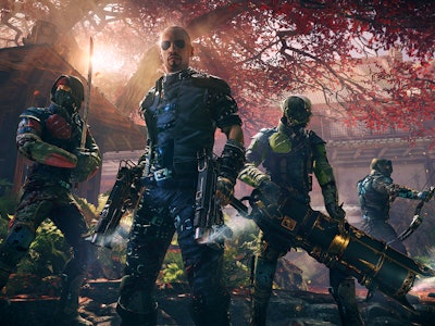 A group of characters from 'Shadow Warrior 2' standing under a tree