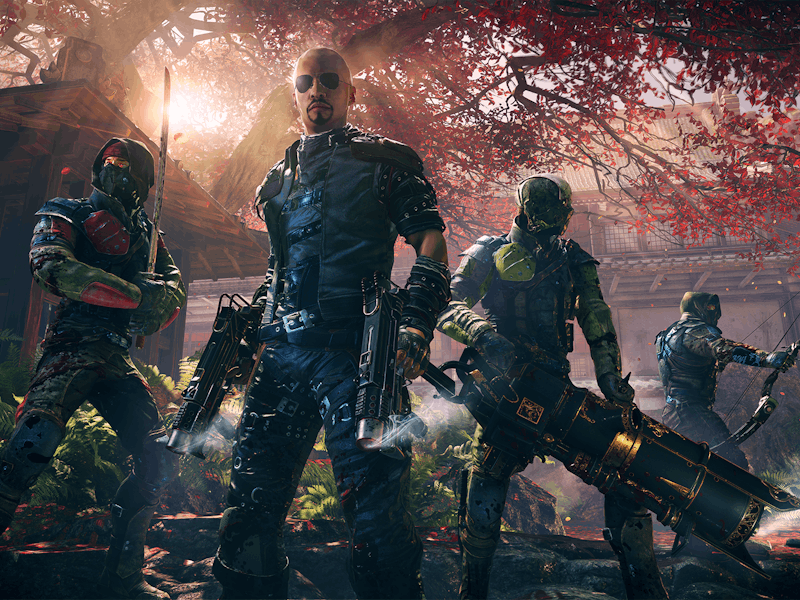 A group of characters from 'Shadow Warrior 2' standing under a tree