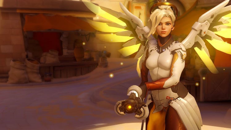 Mercy can fly around the battlefield healing allies and boosting their damage output.