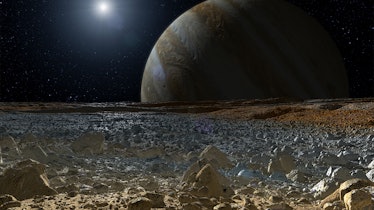 A view of Jupiter from Europa's icy surface.