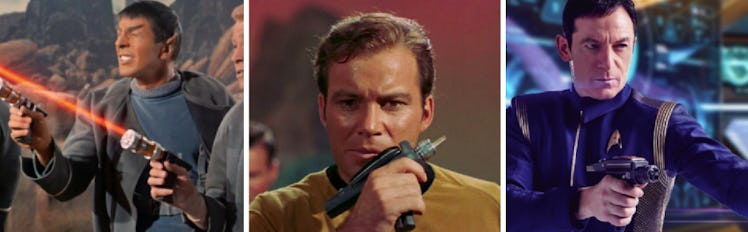 LEFT TO RIGHT: Lasers in 'The Cage,' Kirk with a phaser in the original series, Lorca with a 'Discov...