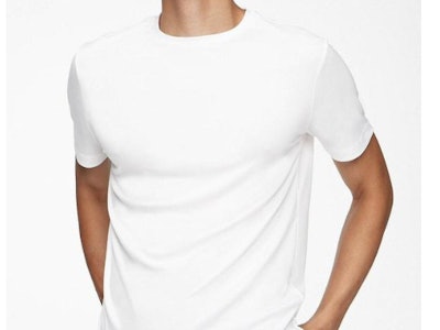 The torso of a man in a white Responsive Tee.