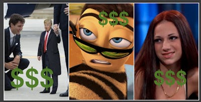 A three-part collage of Donald Trump, Barry B. Benson, and Bhad Barbie memes