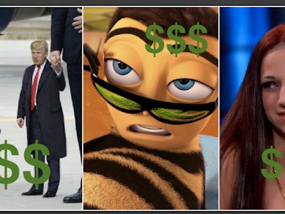 A three-part collage of Donald Trump, Barry B. Benson, and Bhad Barbie memes