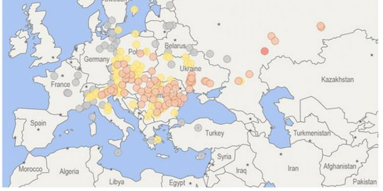Map of average concentrations of ruthenium-106 at European stations in 2017