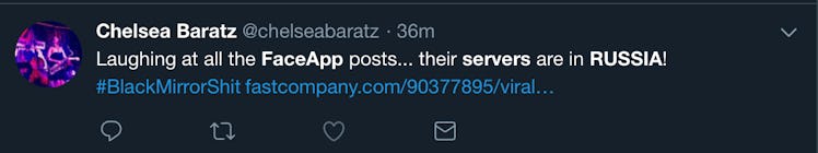 Chelsea Baratz's tweet about the privacy on FaceApp