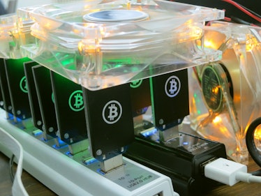 A series of secpailly-designed Bitcoin miners at work.