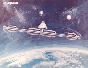 A 1969 station concept, to be assembled on-orbit from spent Apollo program stages.The station was to...