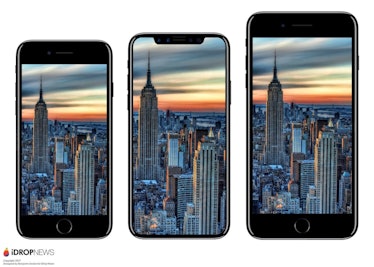 The iPhone 8 in the middle, compared to Apple's current iPhones.