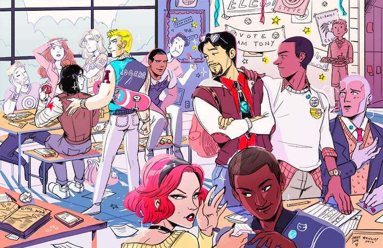 Colorful illustration of a lot of people being in the same room