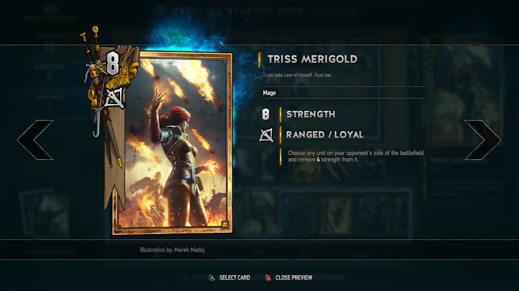 Triss Merigold, a player on The Witcher, and her characteristics.